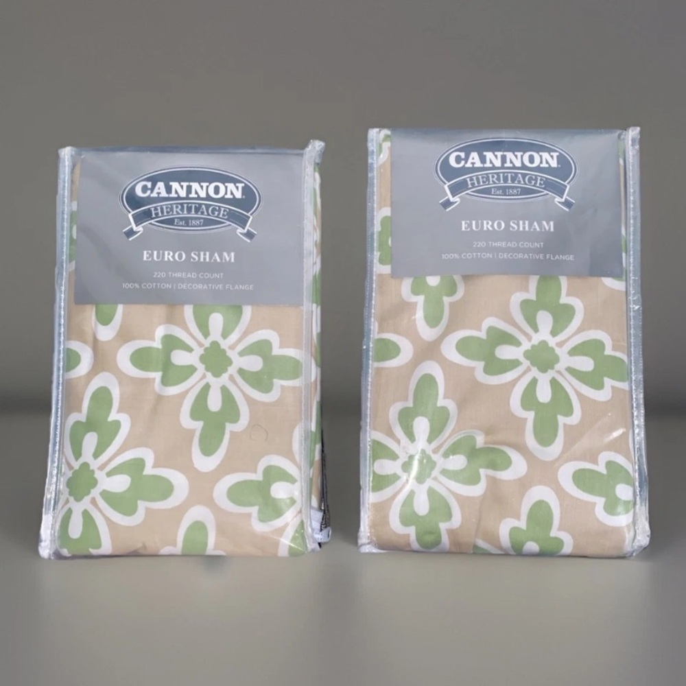 Cannon Vintage Euro Sham Pillowcase Set (2) Green‎ Tan Floral NEW Deadstock